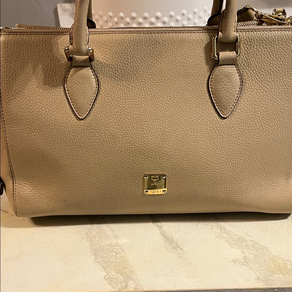 MCM Beige Leather Satchel with Gold Accents - Picture 3 of 16